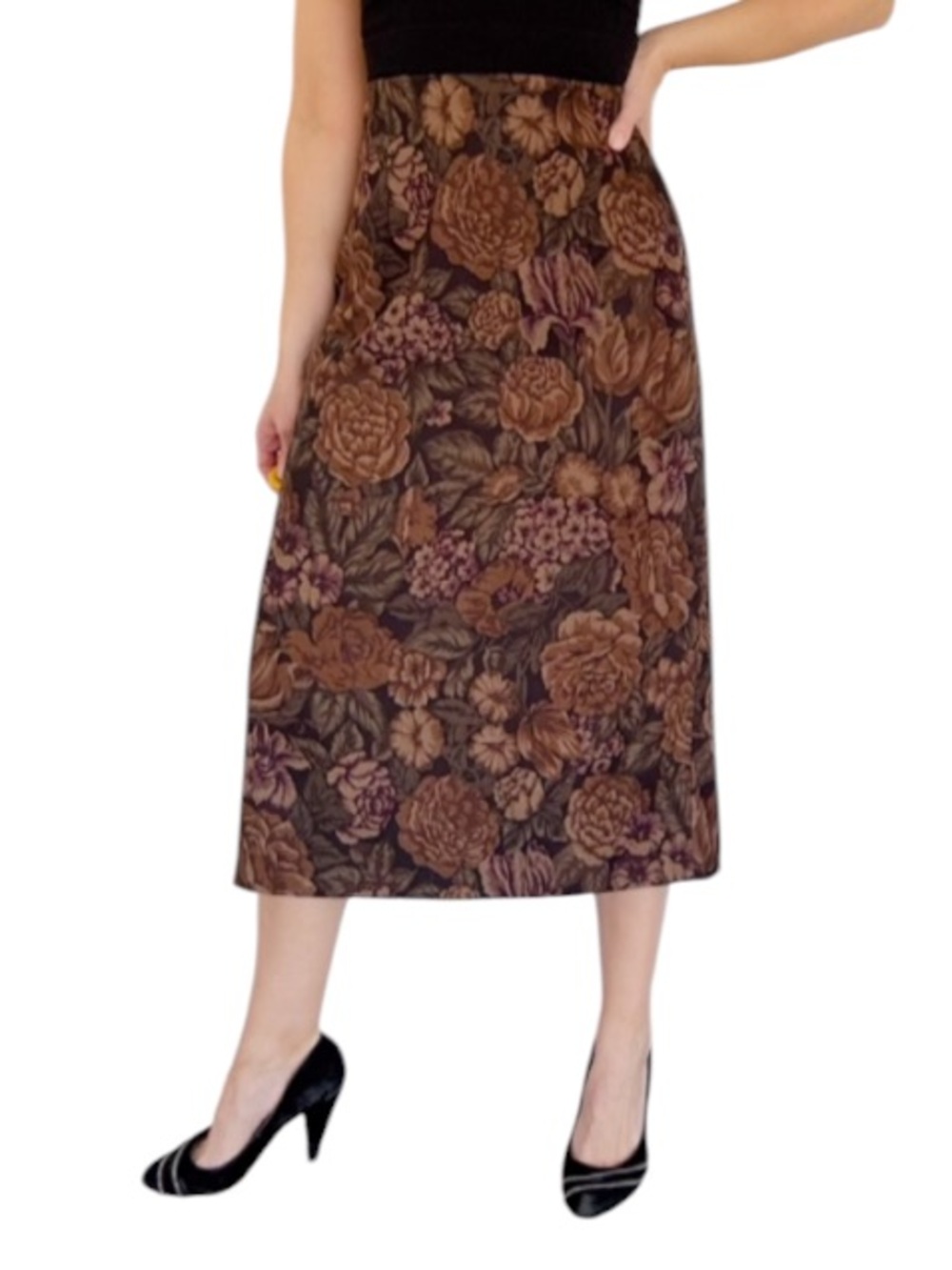 Vintage Briggs Petite brown floral print midi stretch pencil skirt size 12P